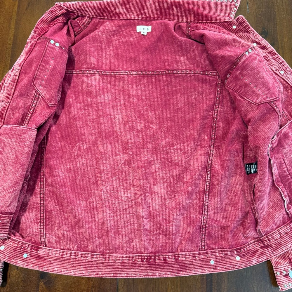 POL Womens Corduroy Studded Shacket M Burgundy Wine Acid Wash Western Oversized - Picture 3 of 8
